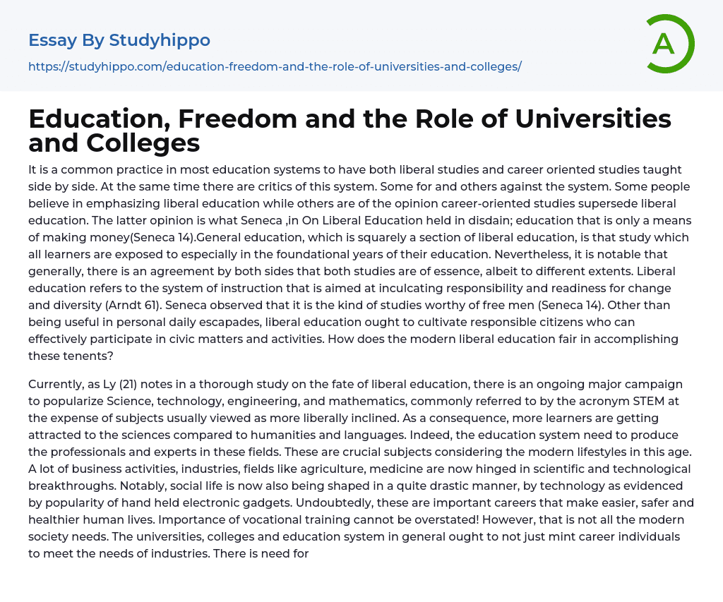 Education, Freedom and the Role of Universities and Colleges Essay Example