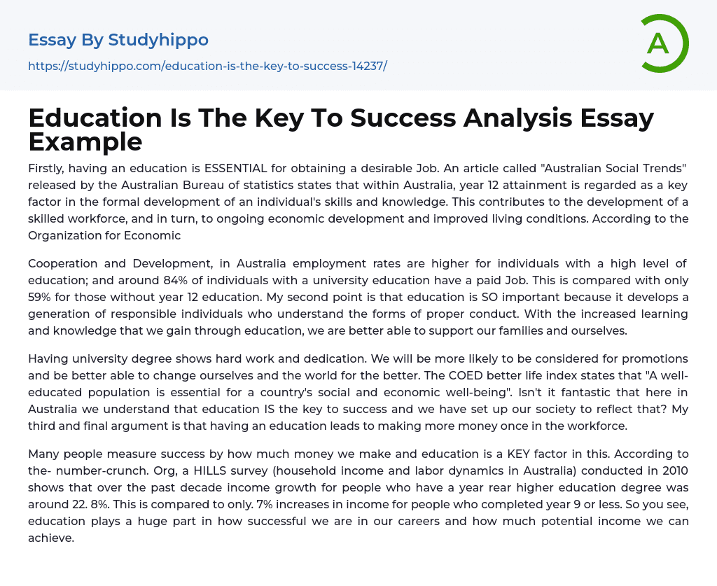 Education Is The Key To Success Analysis Essay Example