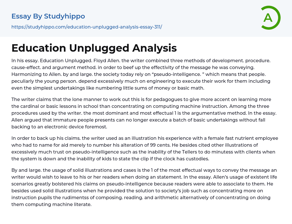 Education Unplugged Analysis Essay Example