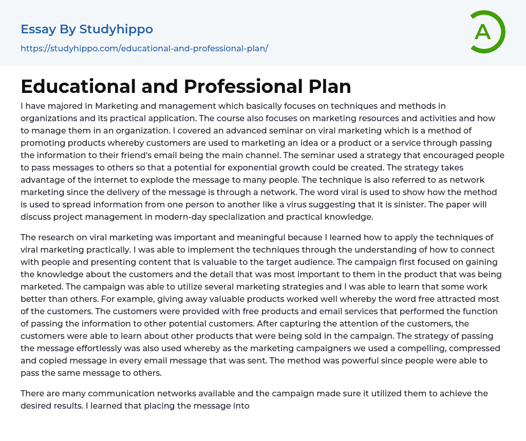 Educational and Professional Plan Essay Example