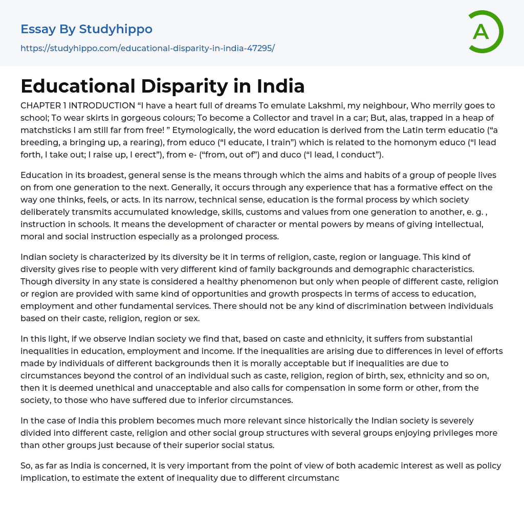 Educational Disparity in India Essay Example