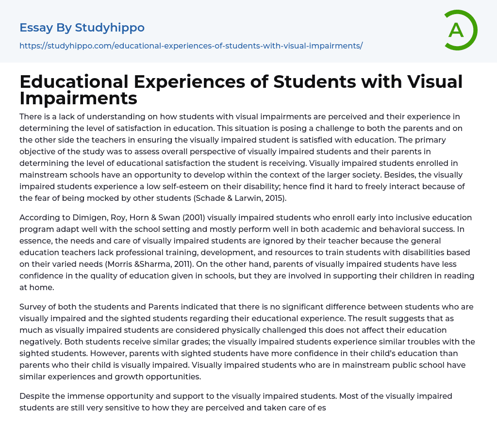 Educational Experiences of Students with Visual Impairments Essay Example