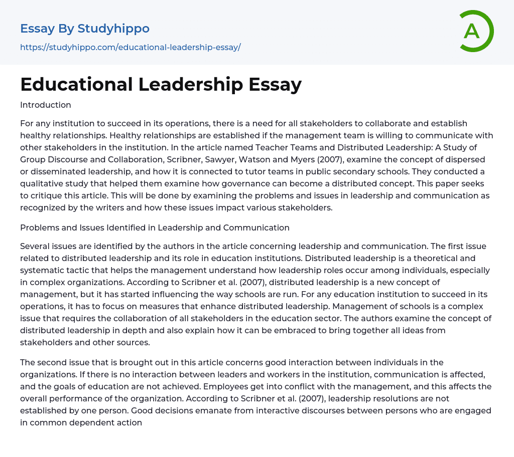 Educational Leadership Essay