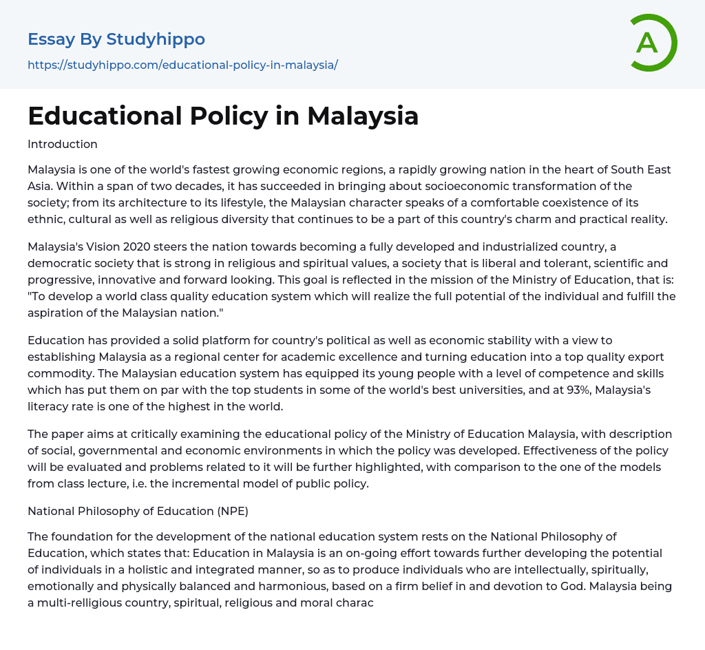 Educational Policy in Malaysia Essay Example