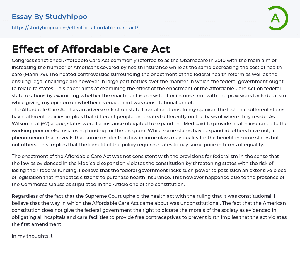 Effect of Affordable Care Act Essay Example