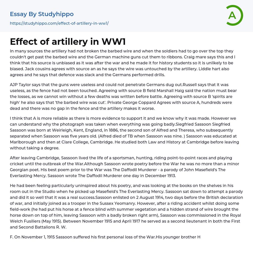 Effect of artillery in WW1 Essay Example