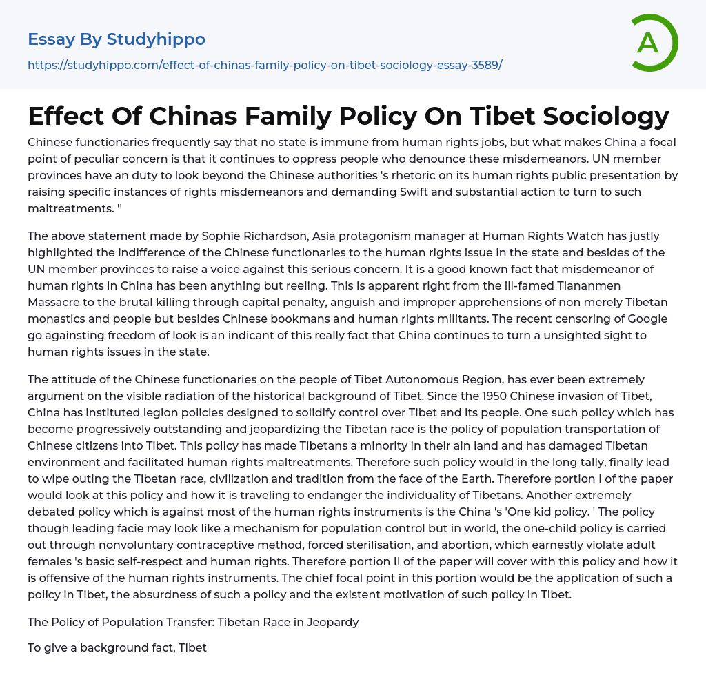 Effect Of Chinas Family Policy On Tibet Sociology Essay Example