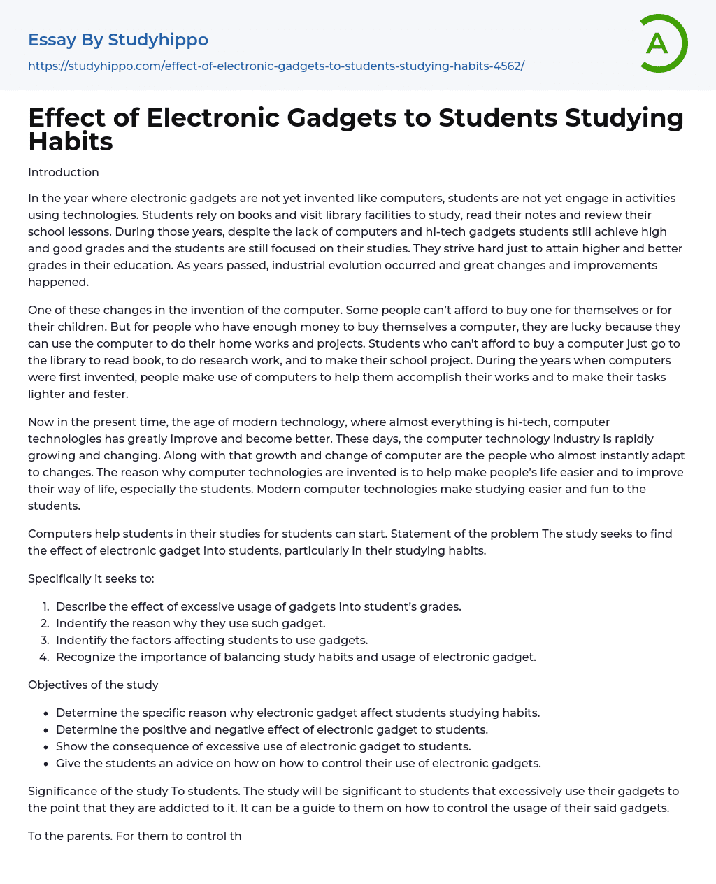 Effect Of Electronic Gadgets To Students Studying Habits Essay Example 