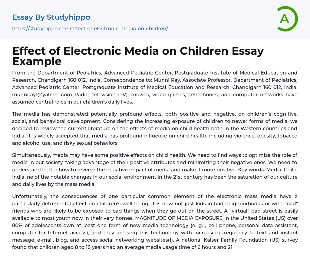 Effect of Electronic Media on Children Essay Example