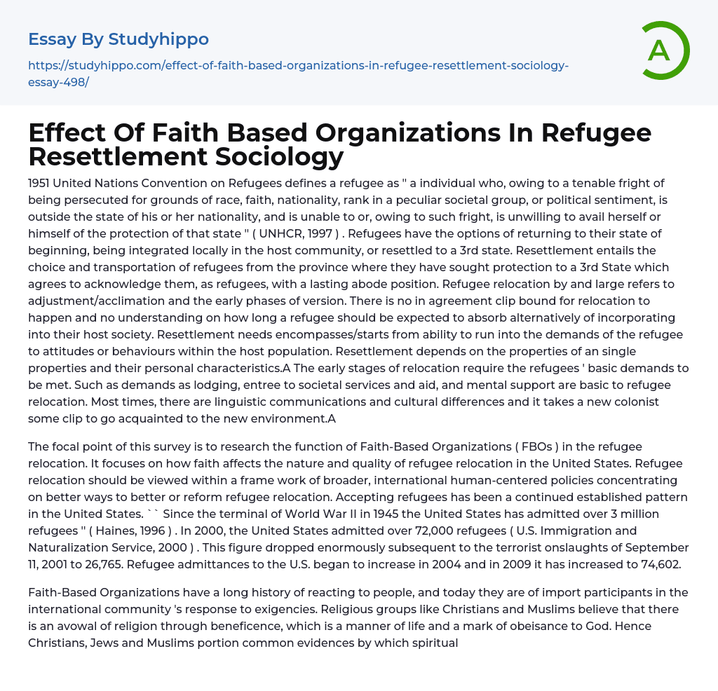 Effect Of Faith Based Organizations In Refugee Resettlement Sociology Essay Example