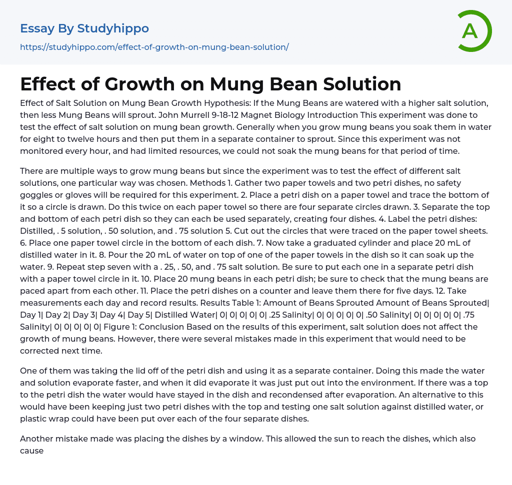 Effect of Growth on Mung Bean Solution Essay Example