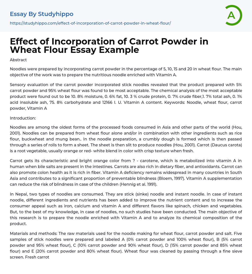 Effect of Incorporation of Carrot Powder in Wheat Flour Essay Example