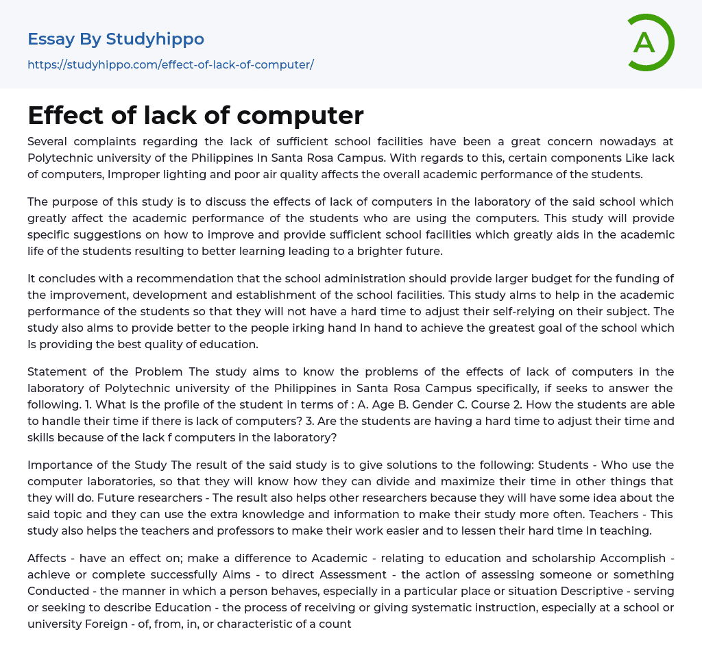 Effect of lack of computer Essay Example