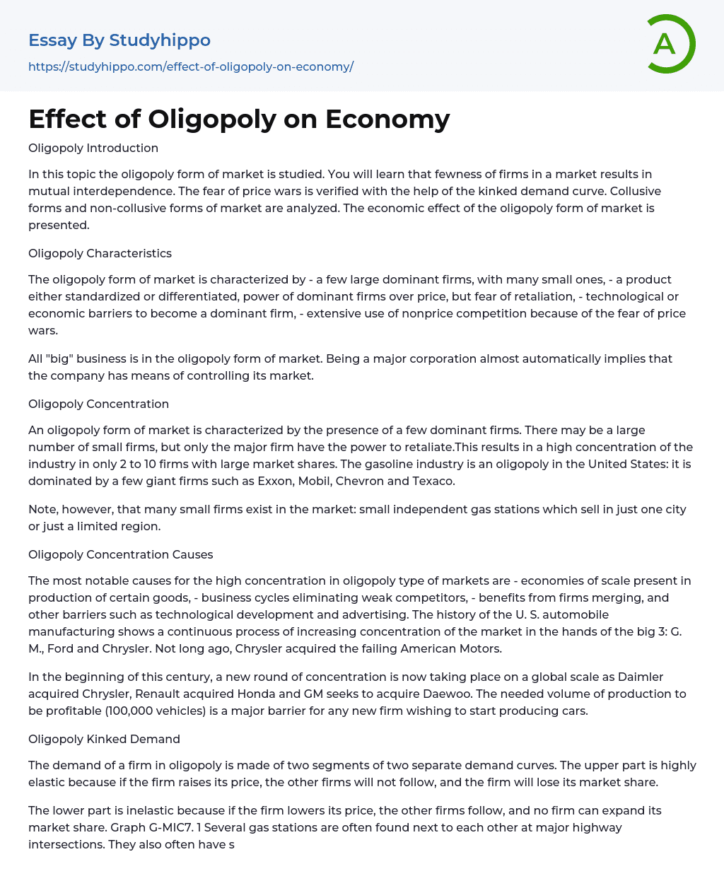 Effect of Oligopoly on Economy Essay Example