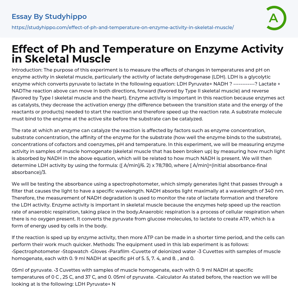 Effect of Ph and Temperature on Enzyme Activity in Skeletal Muscle Essay Example