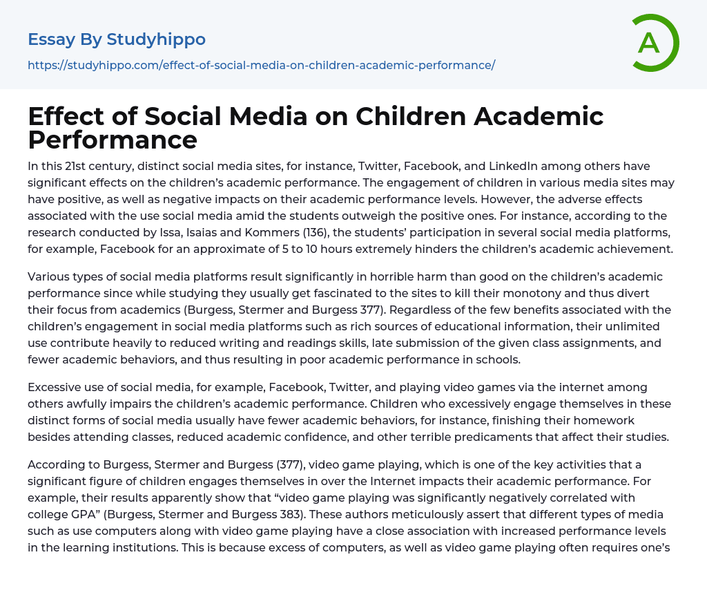 Effect of Social Media on Children Academic Performance Essay Example
