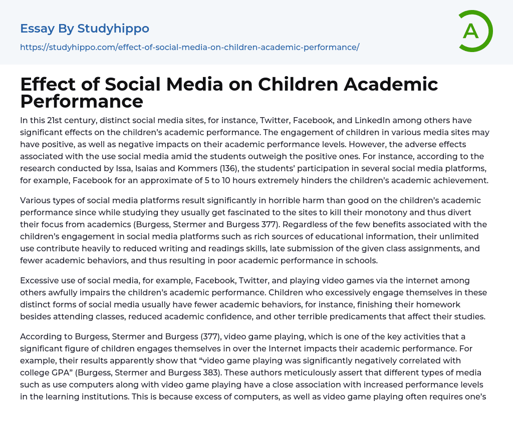 Effect Of Social Media On Children Academic Performance Essay Example 