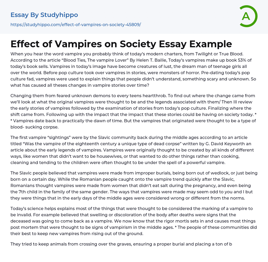 Effect of Vampires on Society Essay Example