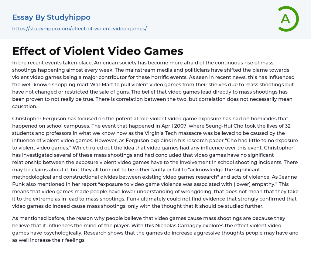Effect of Violent Video Games Essay Example