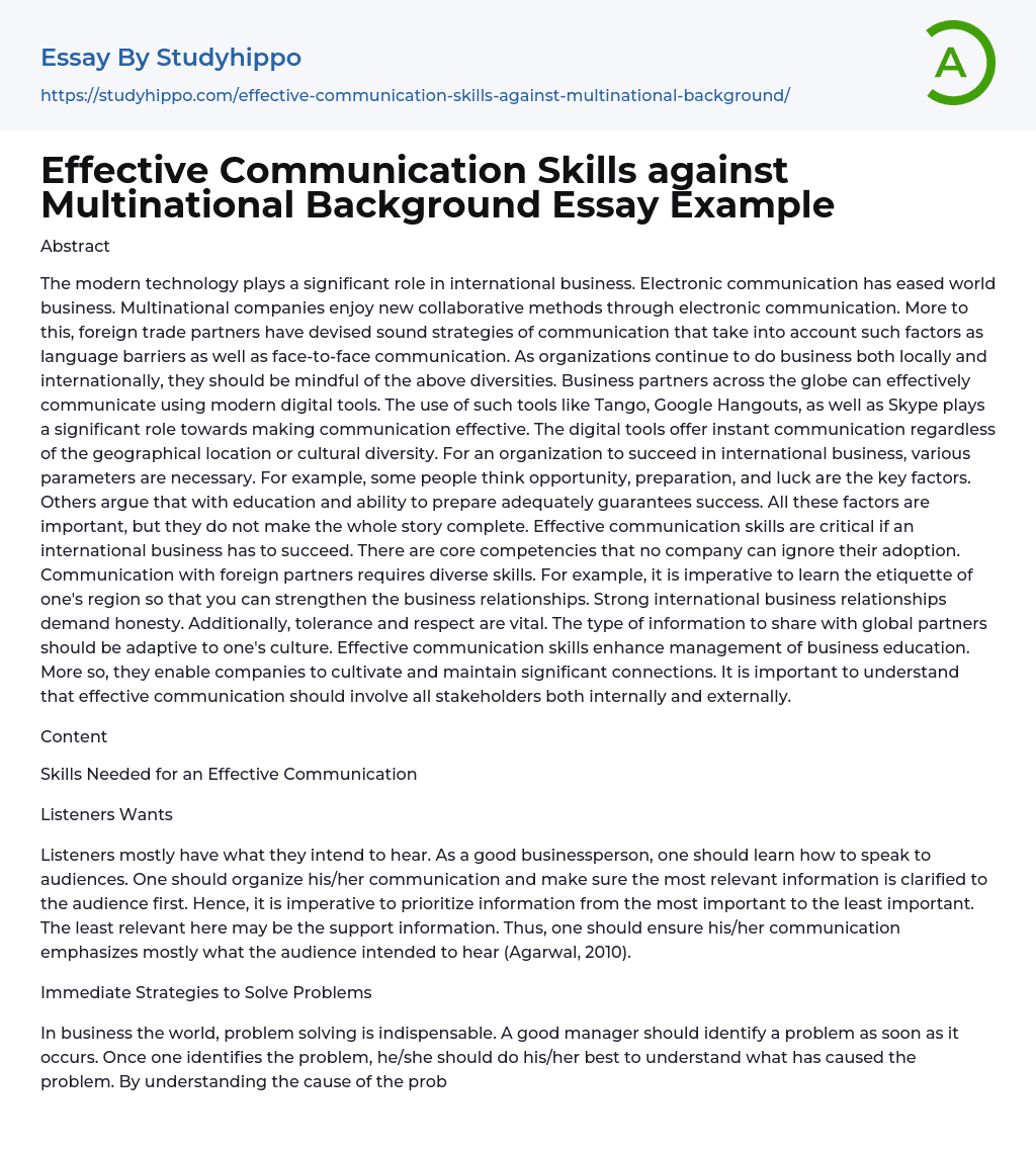Effective Communication Skills against Multinational Background Essay Example