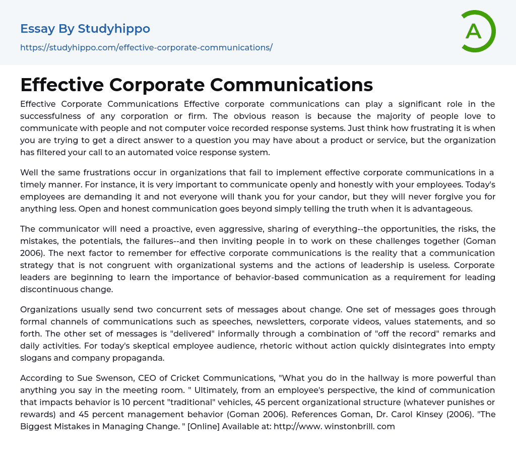 Effective Corporate Communications Essay Example