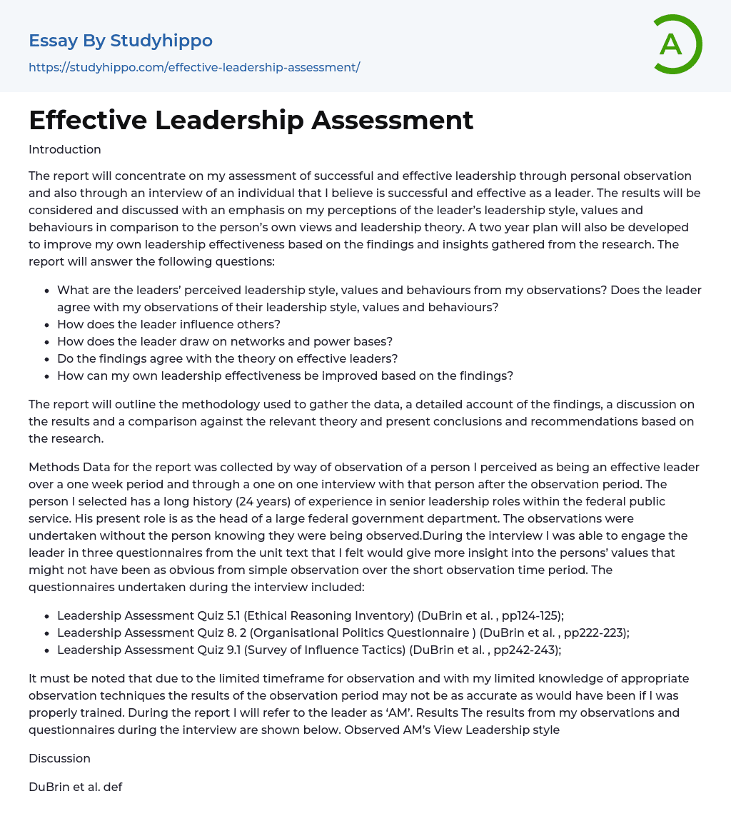 Effective Leadership Assessment Essay Example