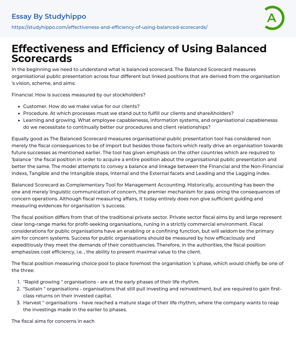 Effectiveness and Efficiency of Using Balanced Scorecards Essay Example