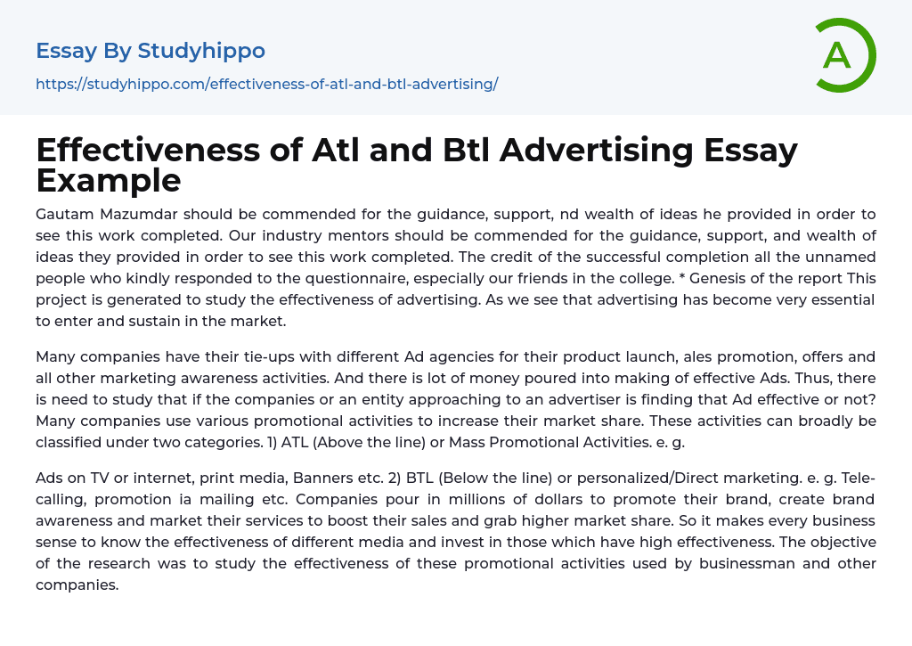 Effectiveness of Atl and Btl Advertising Essay Example