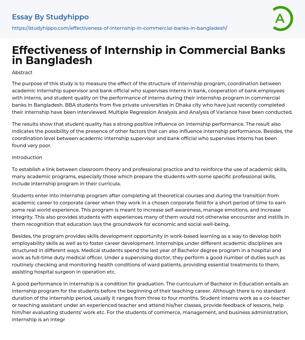 Effectiveness of Internship in Commercial Banks in Bangladesh Essay Example