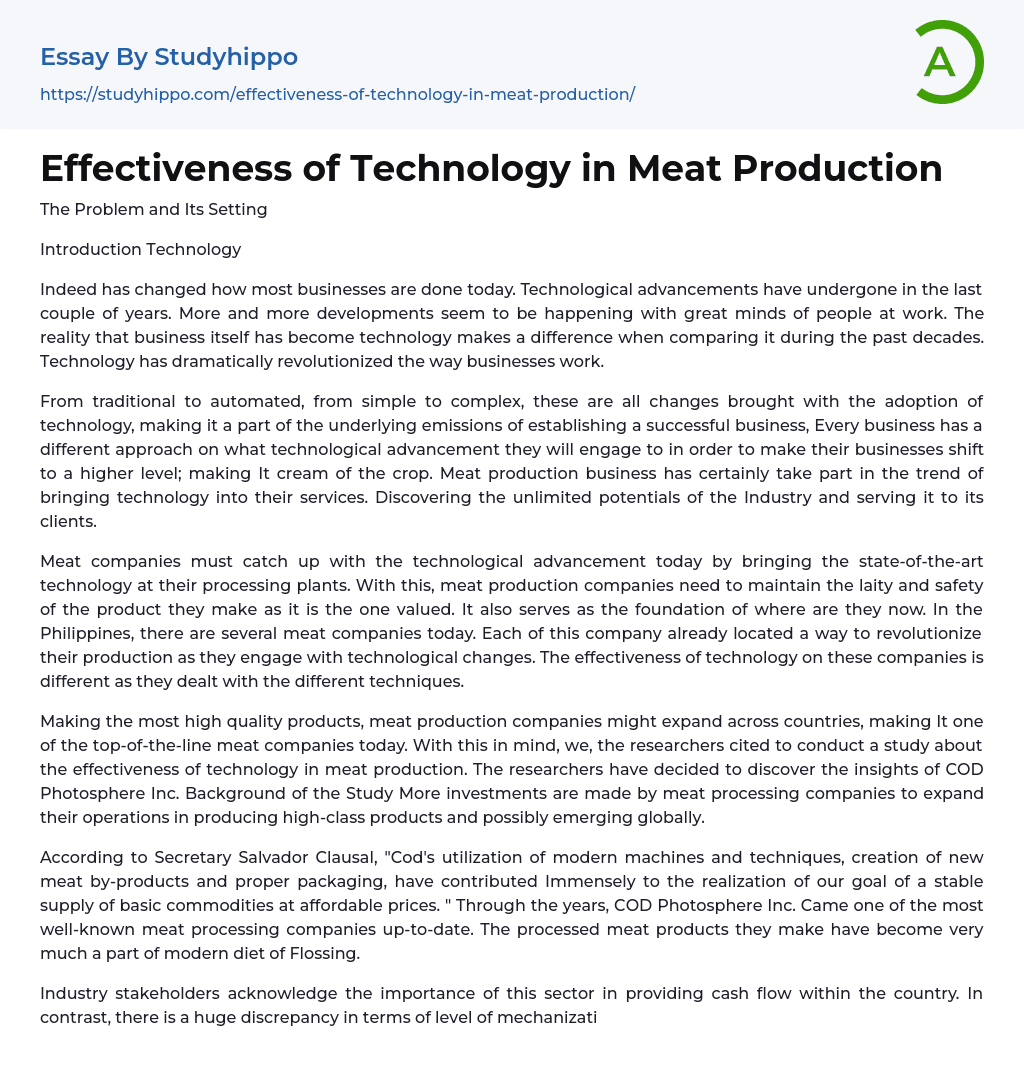 Effectiveness of Technology in Meat Production Essay Example