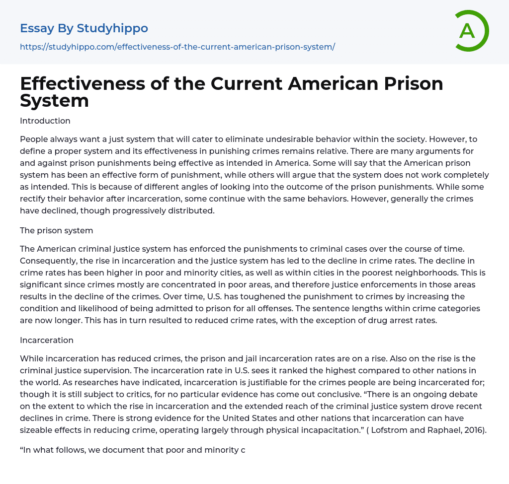 Effectiveness of the Current American Prison System Essay Example