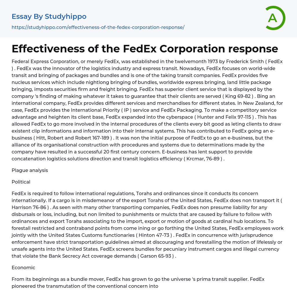 Effectiveness of the FedEx Corporation response Essay Example