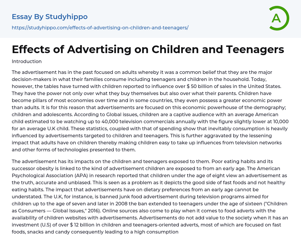 Effects of Advertising on Children and Teenagers Essay Example