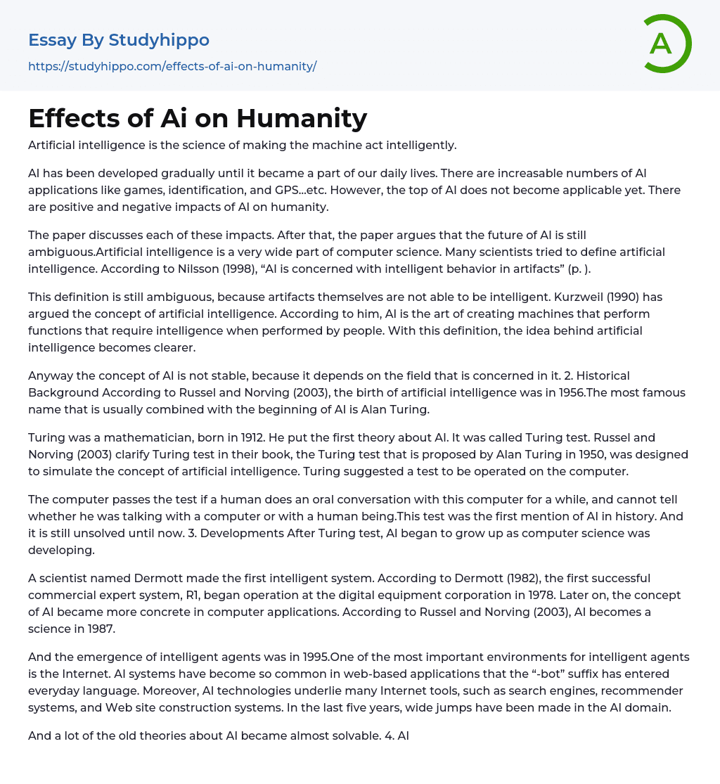 Effects of Ai on Humanity Essay Example