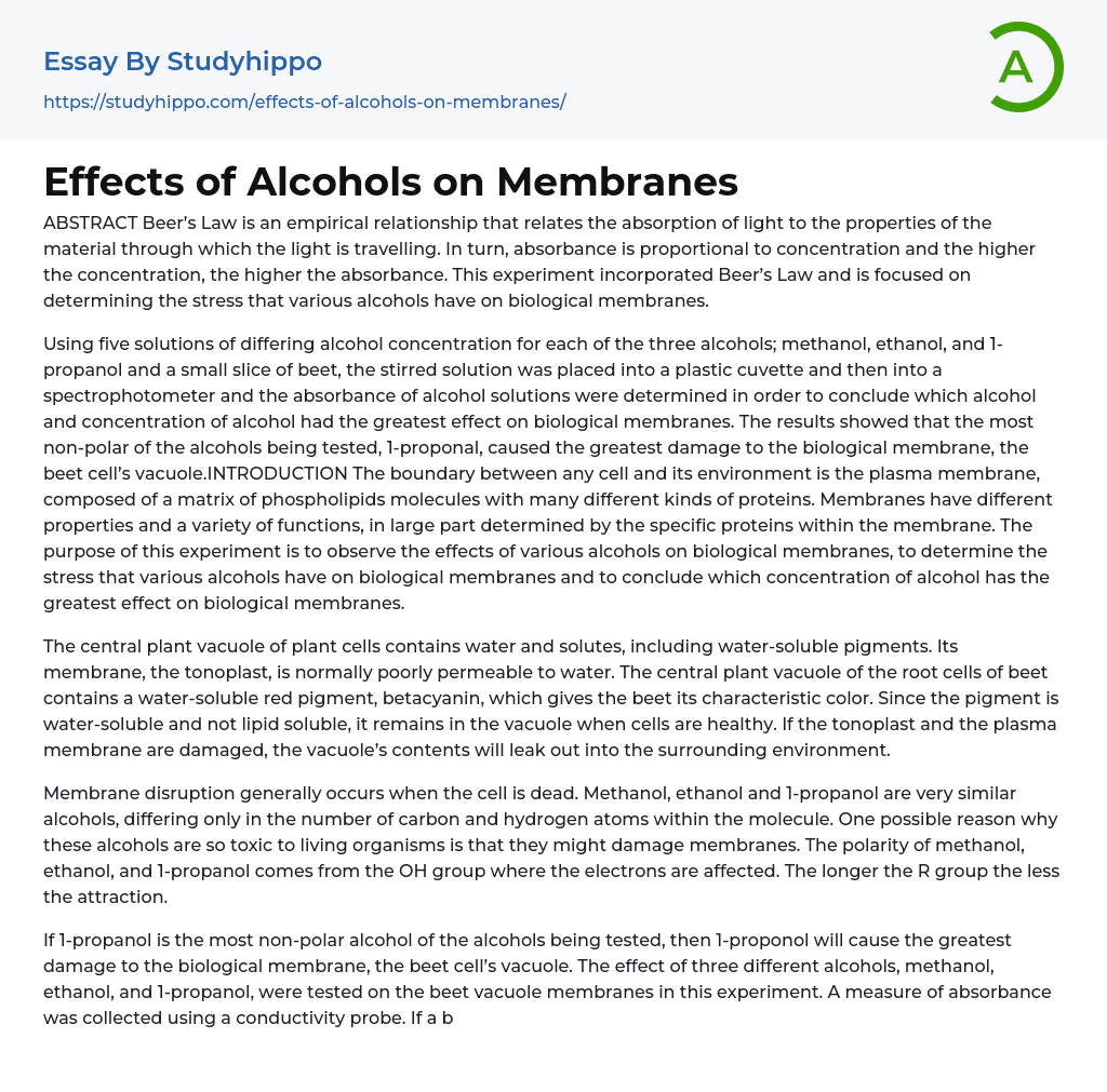 Effects of Alcohols on Membranes Essay Example
