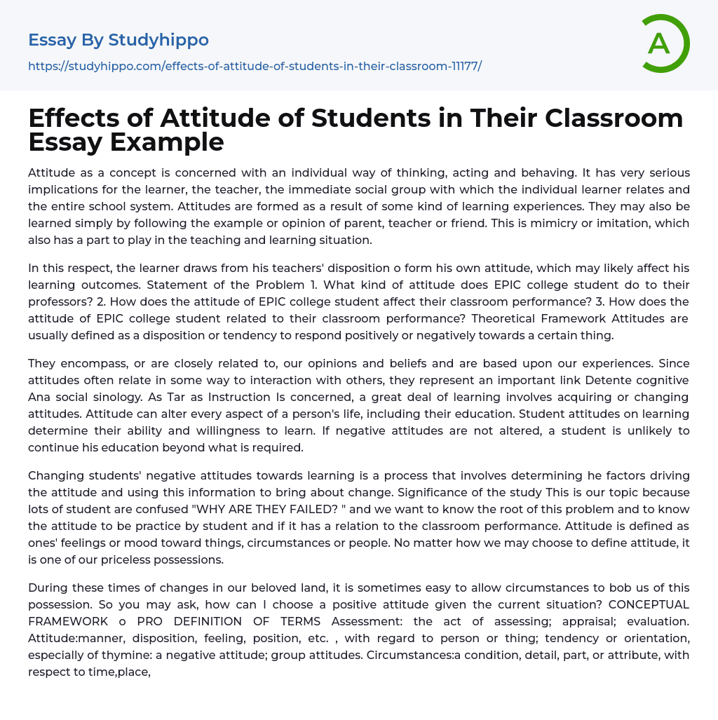 Effects of Attitude of Students in Their Classroom Essay Example