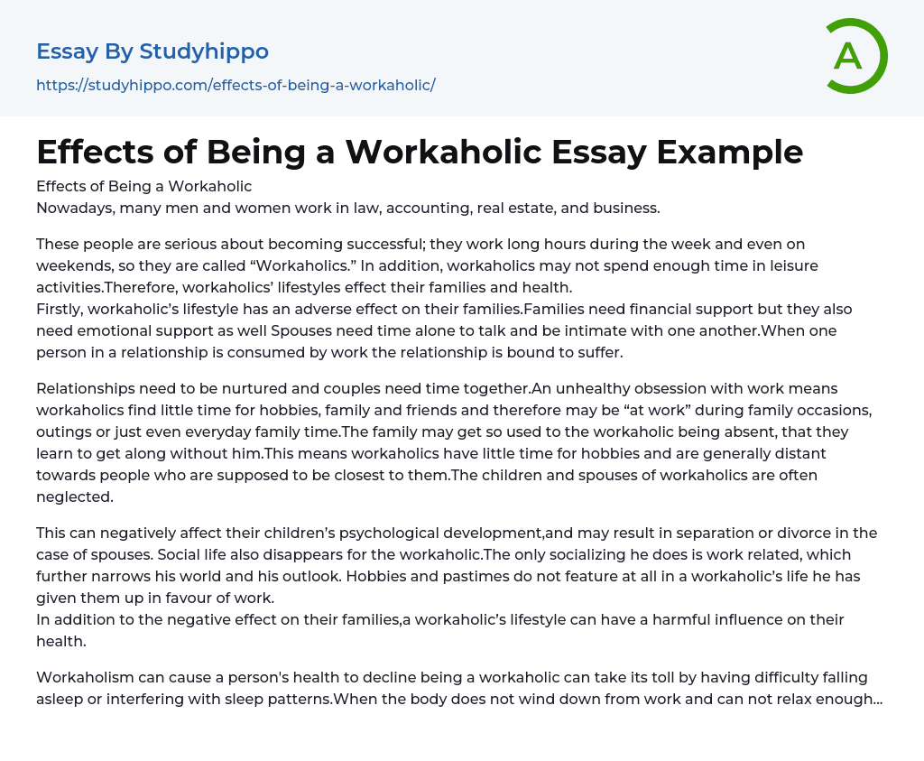 Effects of Being a Workaholic Essay Example