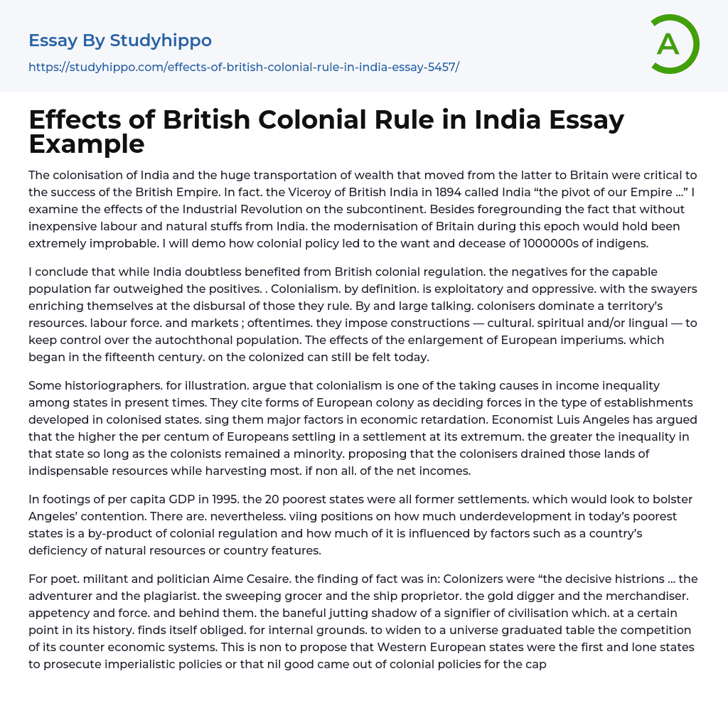 Effects of British Colonial Rule in India Essay Example