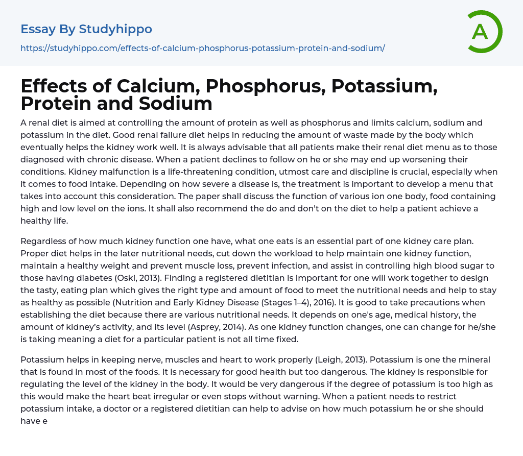 Effects of Calcium, Phosphorus, Potassium, Protein and Sodium Essay Example