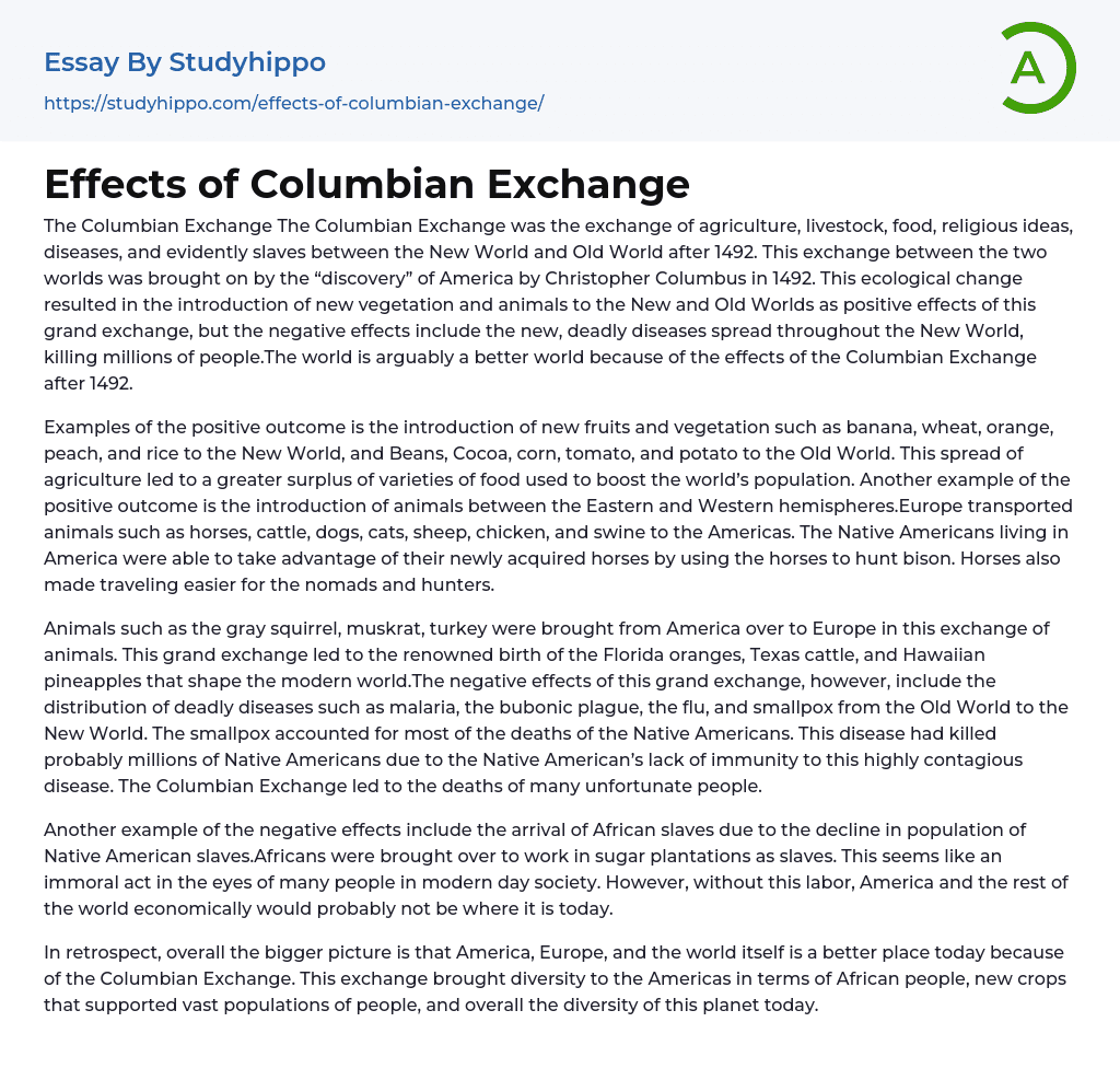 Effects of Columbian Exchange Essay Example