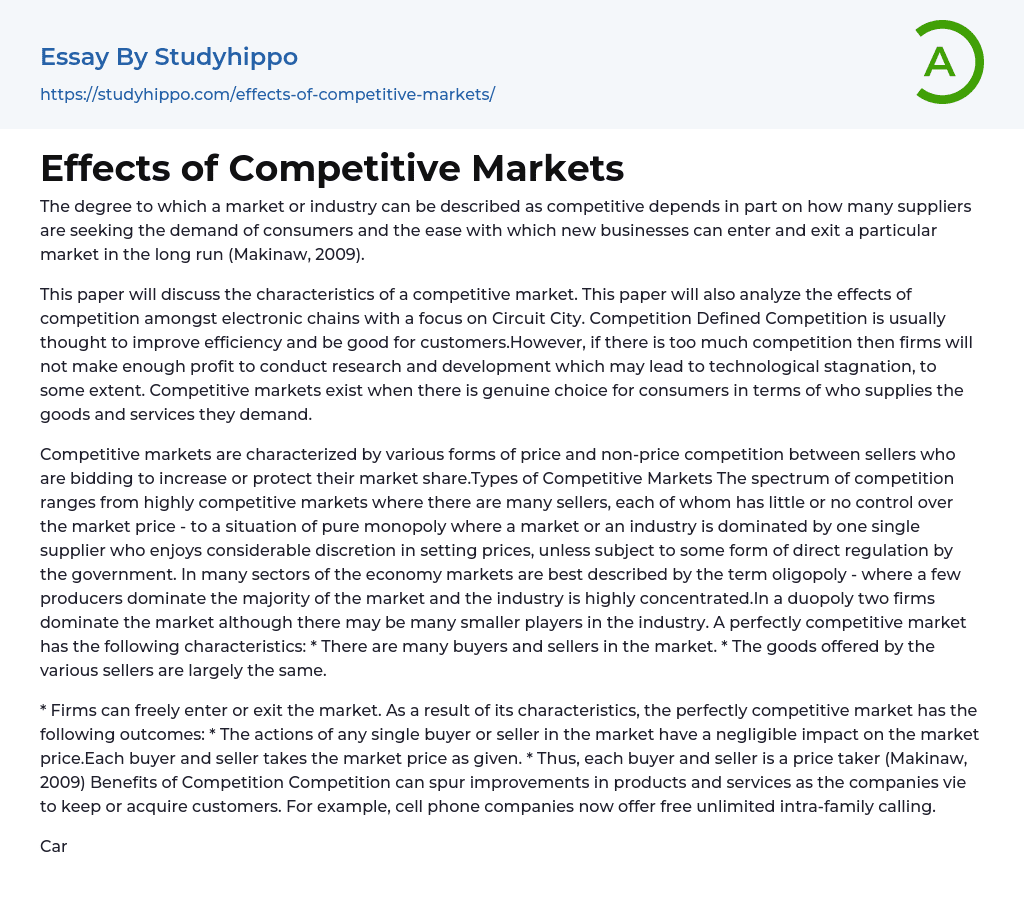 Effects of Competitive Markets Essay Example