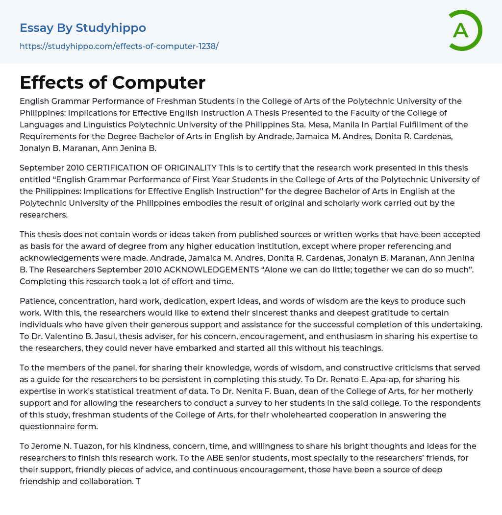 Effects of Computer Essay Example