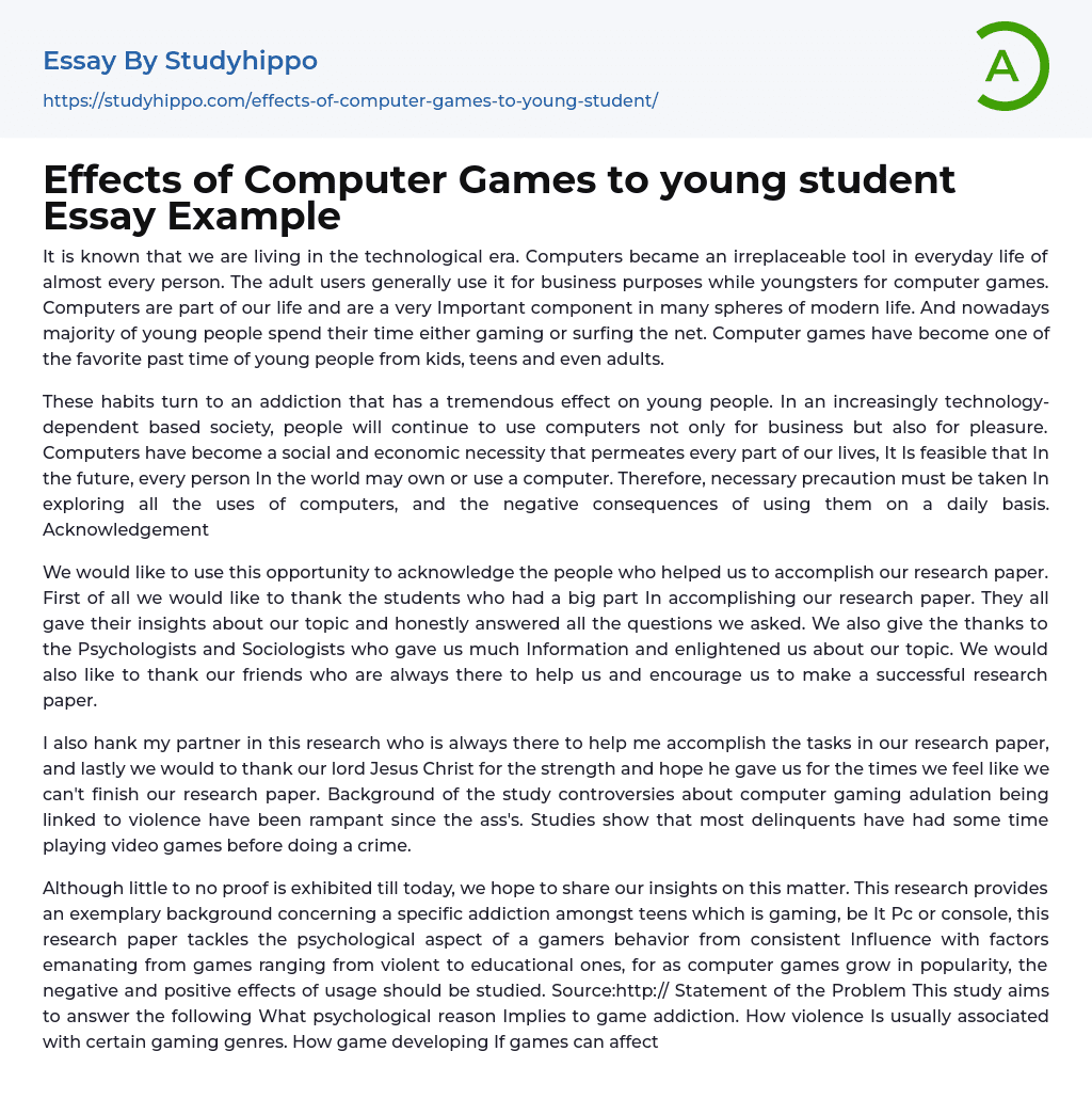 Effects of Computer Games to young student Essay Example