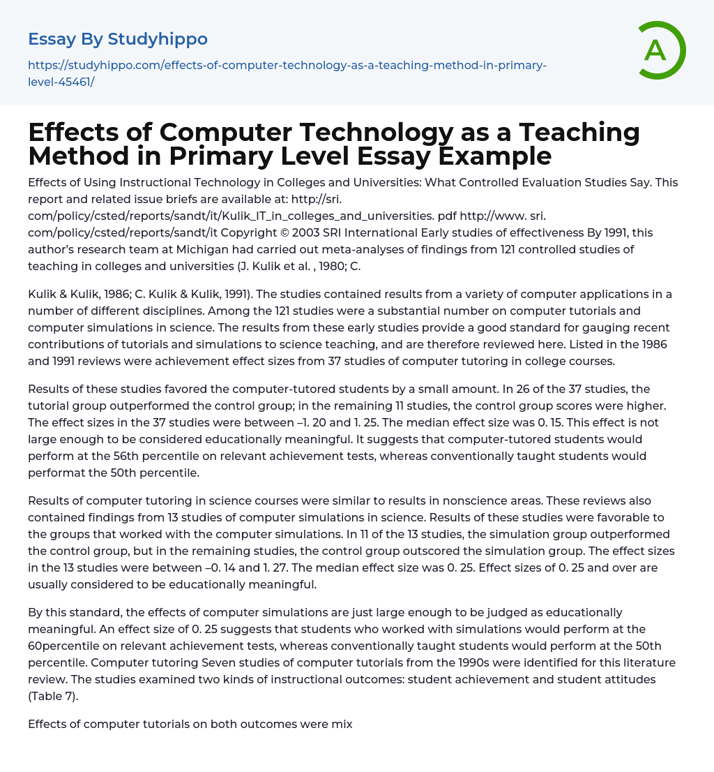 Effects of Computer Technology as a Teaching Method in Primary Level Essay Example