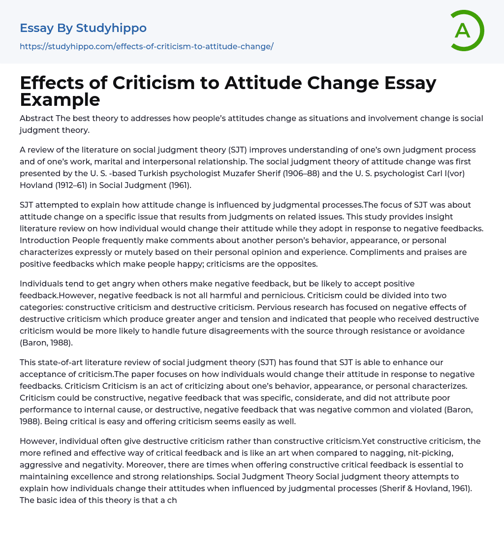 Effects of Criticism to Attitude Change Essay Example