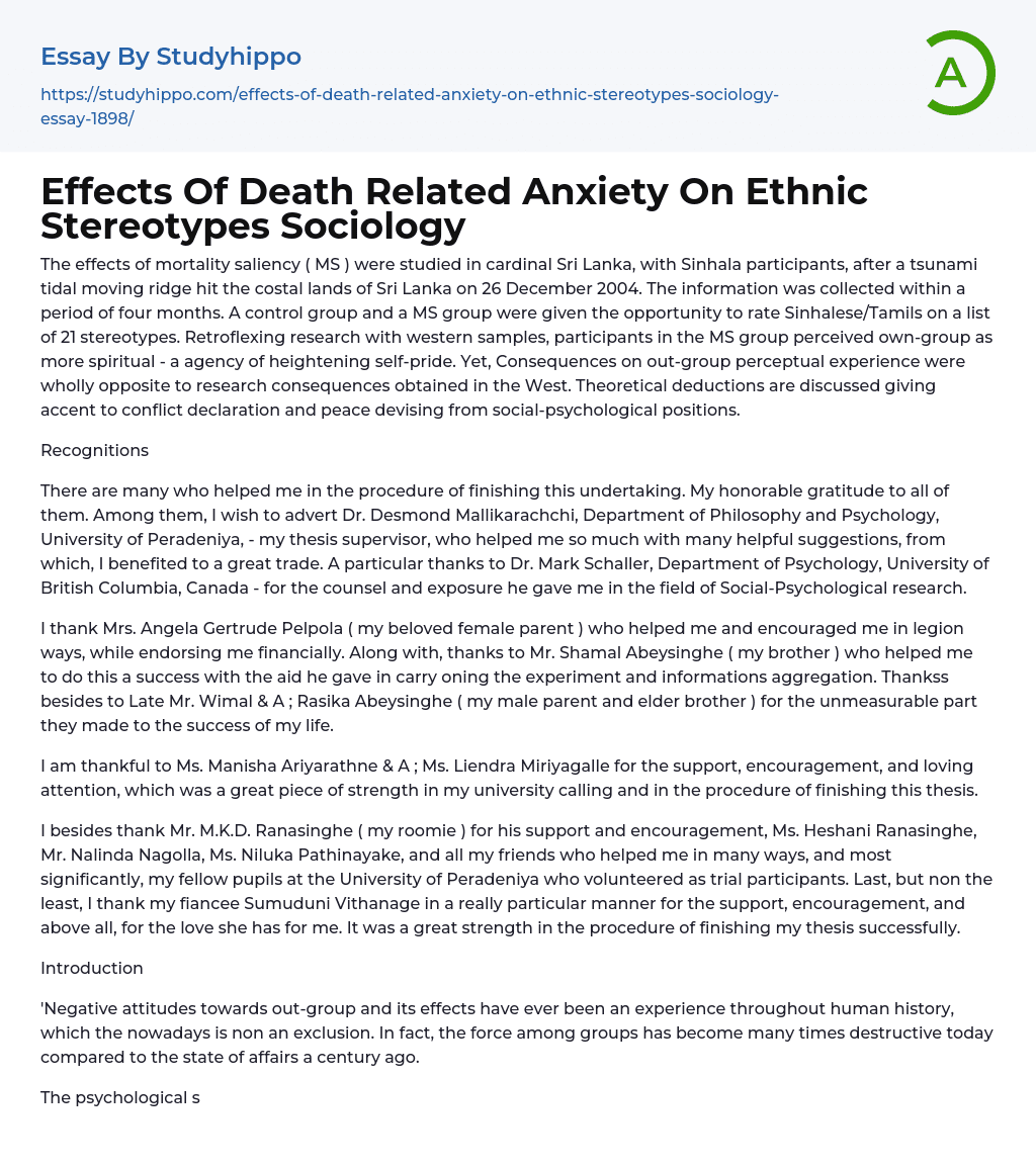 Effects Of Death Related Anxiety On Ethnic Stereotypes Sociology Essay Example
