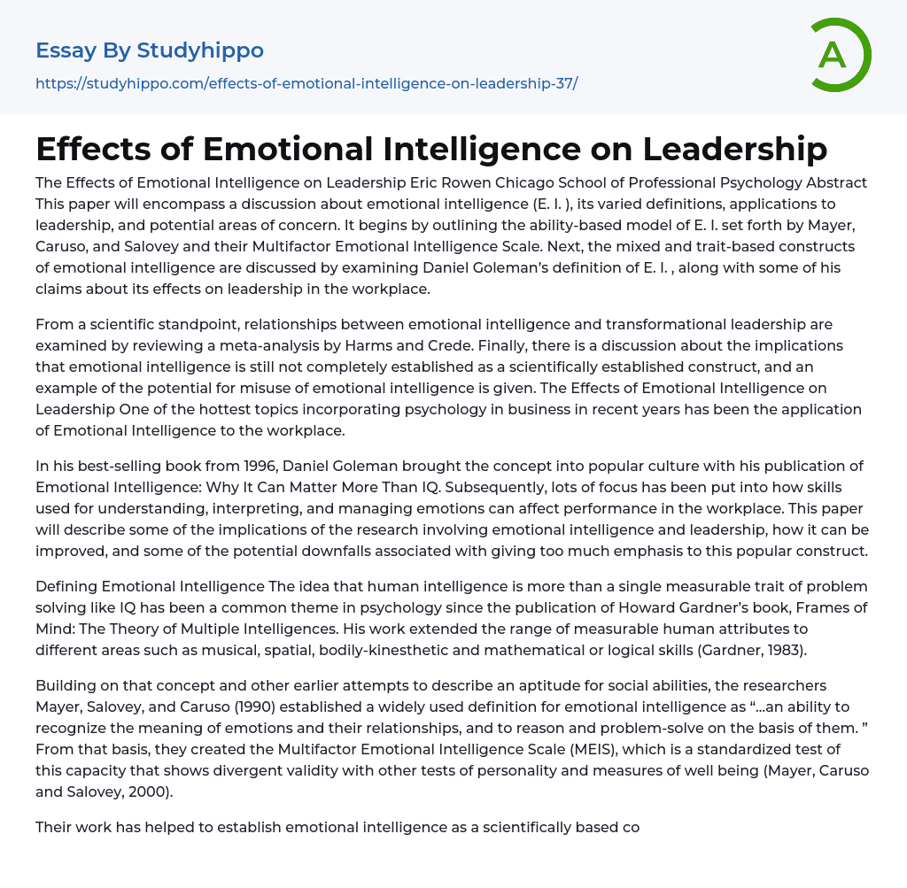 Effects of Emotional Intelligence on Leadership Essay Example