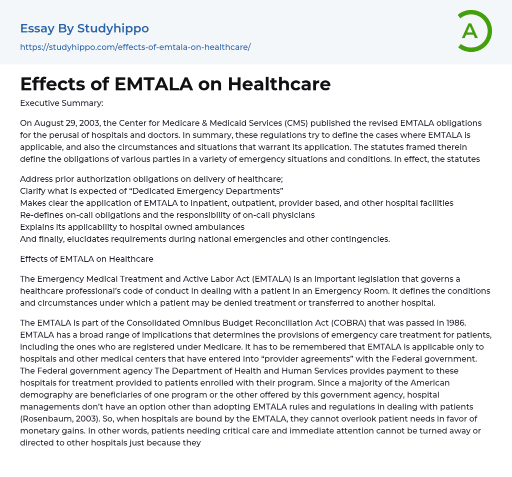 Effects of EMTALA on Healthcare Essay Example