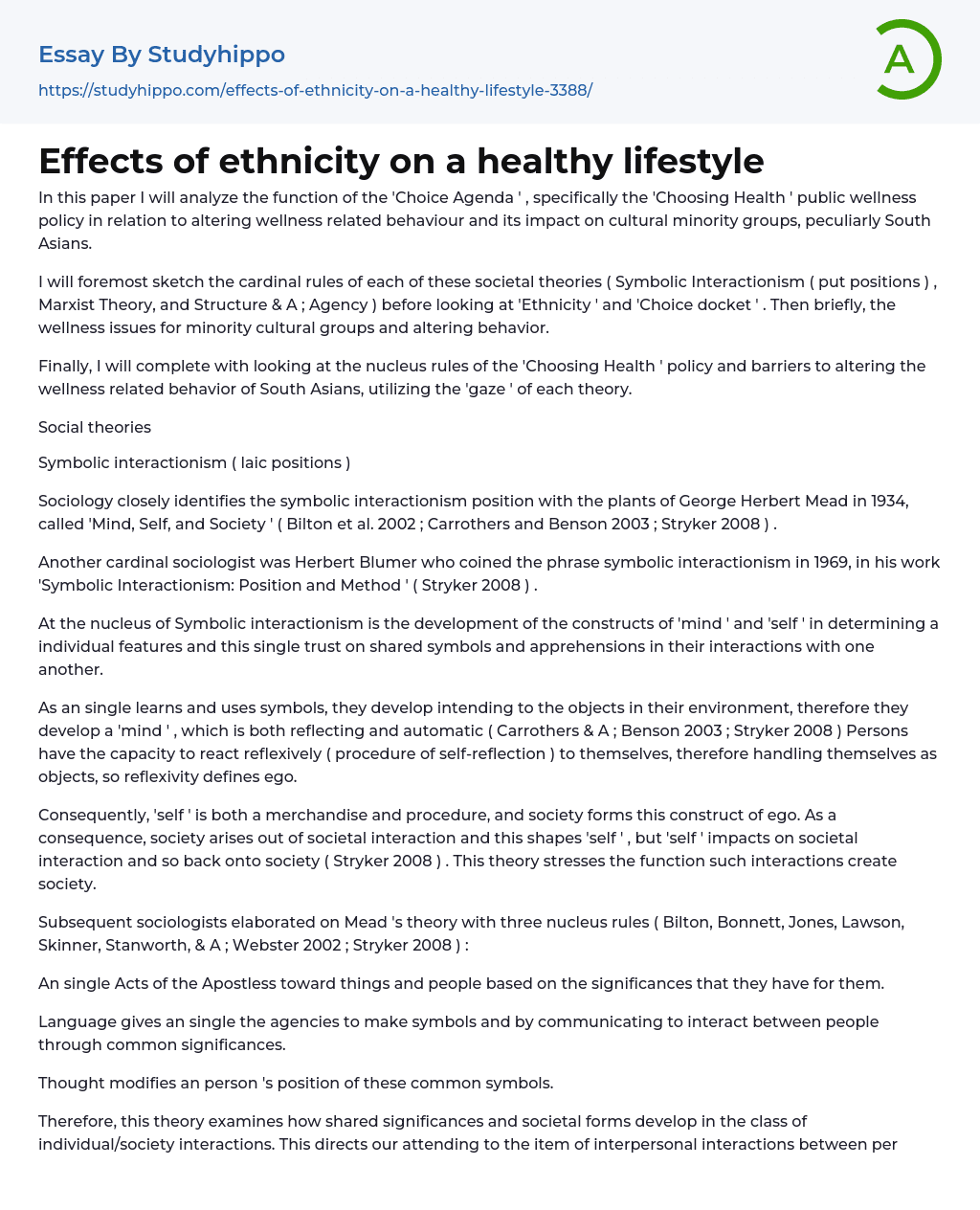 Effects of ethnicity on a healthy lifestyle Essay Example