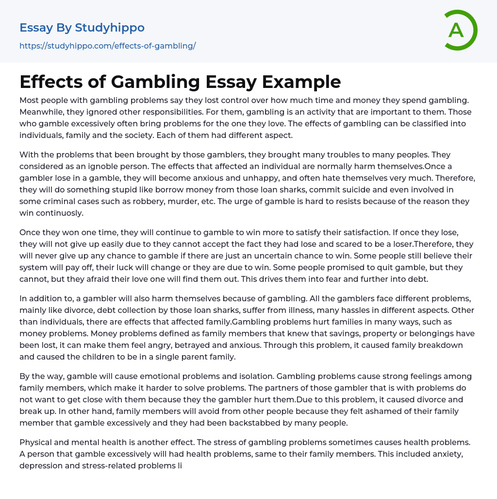 Effects of Gambling Essay Example
